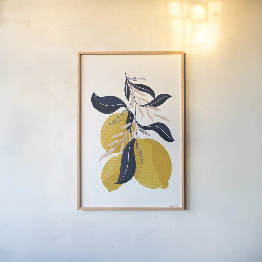 Lemons I No Words by Becky Thorns. shown as a paper print in a natural frame. Available as a archival giclee rolled canvas, fine art paper, or poster print. SKU 68757h.