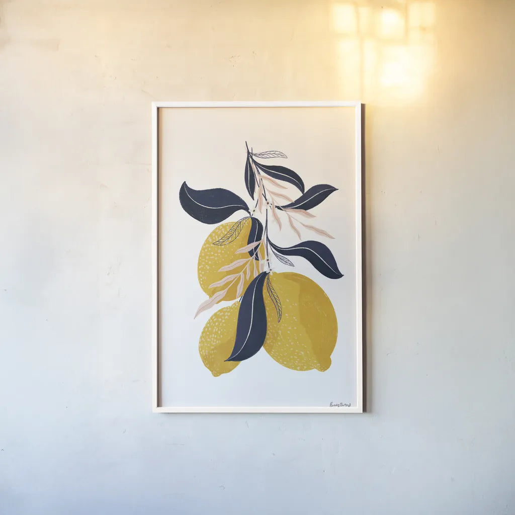 Lemons I No Words by Becky Thorns. shown as a paper print in a white frame. Available as a archival giclee rolled canvas, fine art paper, or poster print. SKU 68757h.