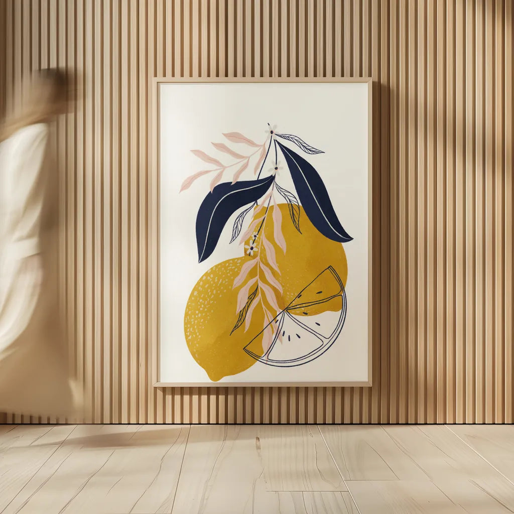 Lemons II by Becky Thorns. shown as over sized large wall art. Available as an archival giclee rolled canvas, fine art paper, or poster print. SKU 64703h.
