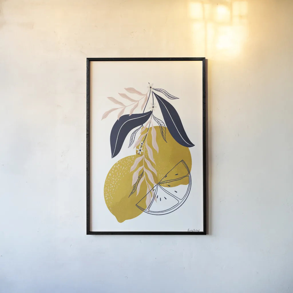 Lemons II by Becky Thorns. shown as a paper print in a black flame. Available as a archival giclee rolled canvas, fine art paper, or poster print. SKU 64703h.