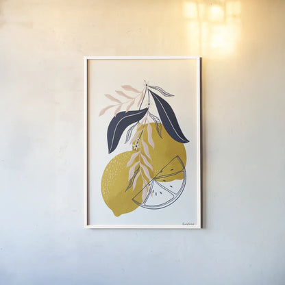 Lemons II by Becky Thorns. shown as a paper print in a white frame. Available as a archival giclee rolled canvas, fine art paper, or poster print. SKU 64703h.