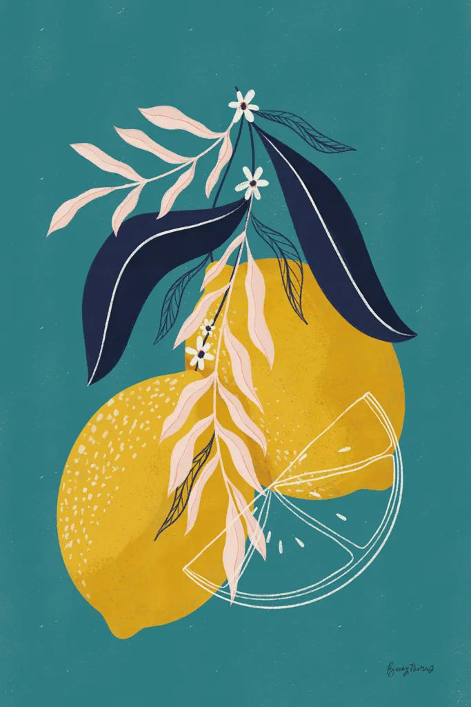 Lemons II Blue by Becky Thorns. SKU 64705h. Archival Giclee Fine art print for wall decor.