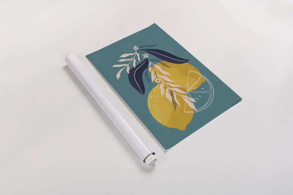 Lemons II Blue by Becky Thorns. shown as a rolled paper print. Available as archival giclee rolled canvas, fine art paper, or poster print. SKU 64705h.