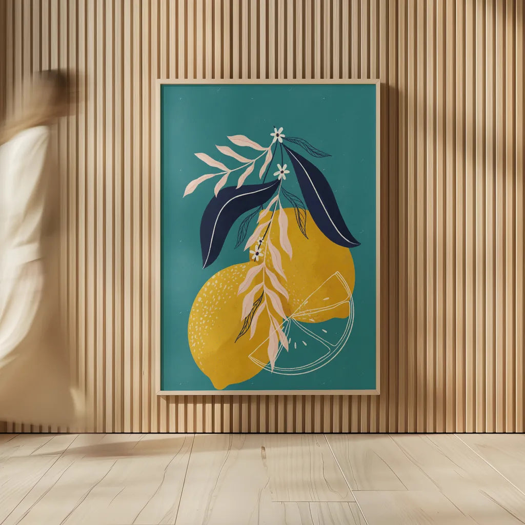 Lemons II Blue by Becky Thorns. shown as over sized large wall art. Available as an archival giclee rolled canvas, fine art paper, or poster print. SKU 64705h.