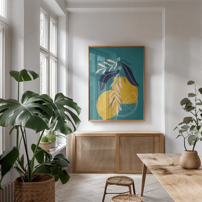 Lemons II Blue by Becky Thorns. shown as a print in a natural wood frame in a dining room. Available as a archival giclee rolled canvas, fine art paper, or poster print. SKU 64705h.