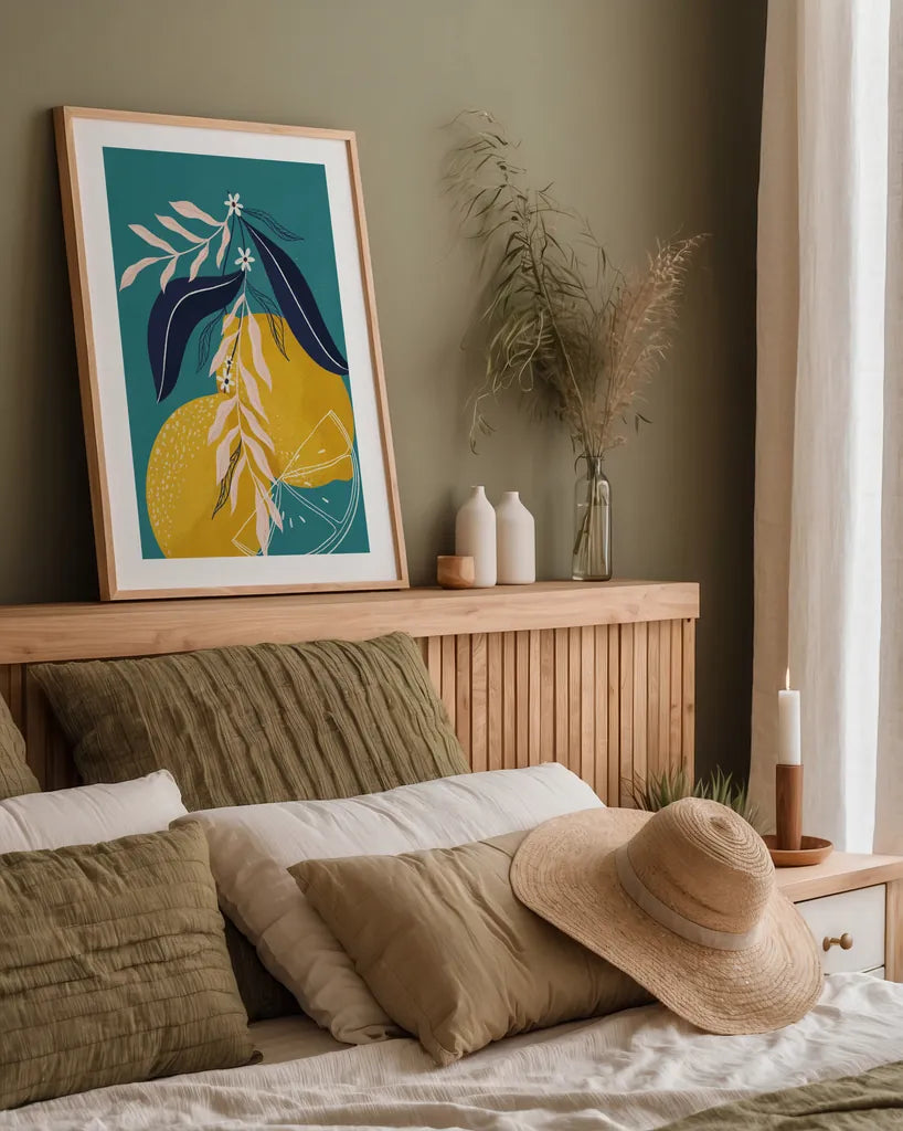 Lemons II Blue by Becky Thorns. shown as a paper print in a natural frame. Available as a archival giclee rolled canvas, fine art paper, or poster print. SKU 64705h.