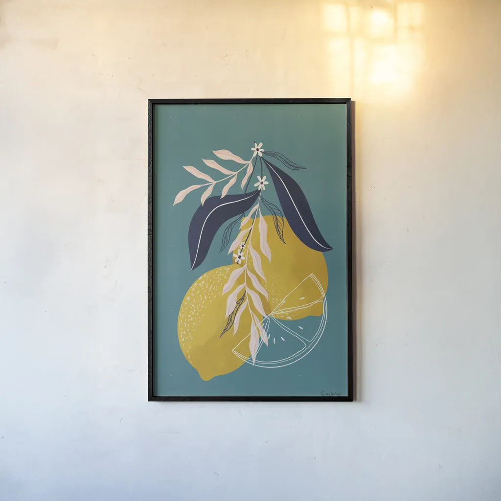 Lemons II Blue by Becky Thorns. shown as a paper print in a black flame. Available as a archival giclee rolled canvas, fine art paper, or poster print. SKU 64705h.