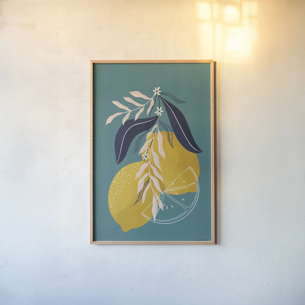 Lemons II Blue by Becky Thorns. shown as a paper print in a natural frame. Available as a archival giclee rolled canvas, fine art paper, or poster print. SKU 64705h.