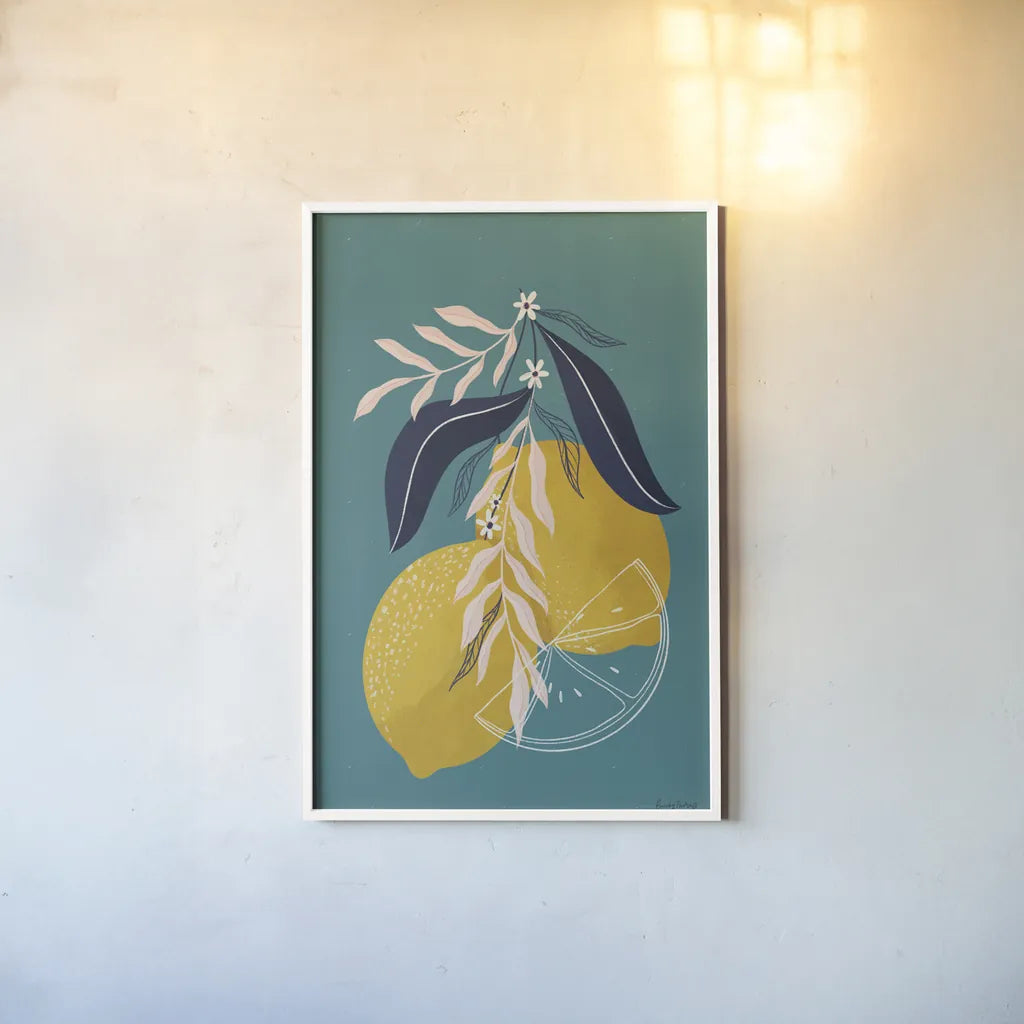 Lemons II Blue by Becky Thorns. shown as a paper print in a white frame. Available as a archival giclee rolled canvas, fine art paper, or poster print. SKU 64705h.