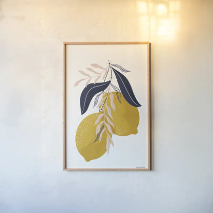 Lemons II No Wedge by Becky Thorns. shown as a paper print in a natural frame. Available as a archival giclee rolled canvas, fine art paper, or poster print. SKU 68758h.