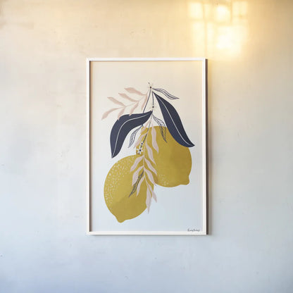 Lemons II No Wedge by Becky Thorns. shown as a paper print in a white frame. Available as a archival giclee rolled canvas, fine art paper, or poster print. SKU 68758h.