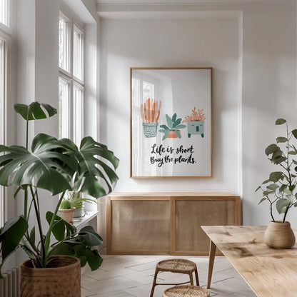 Life is Short by Becky Thorns. shown as a print in a natural wood frame in a dining room. Available as a archival giclee rolled canvas, fine art paper, or poster print. SKU 65072h.