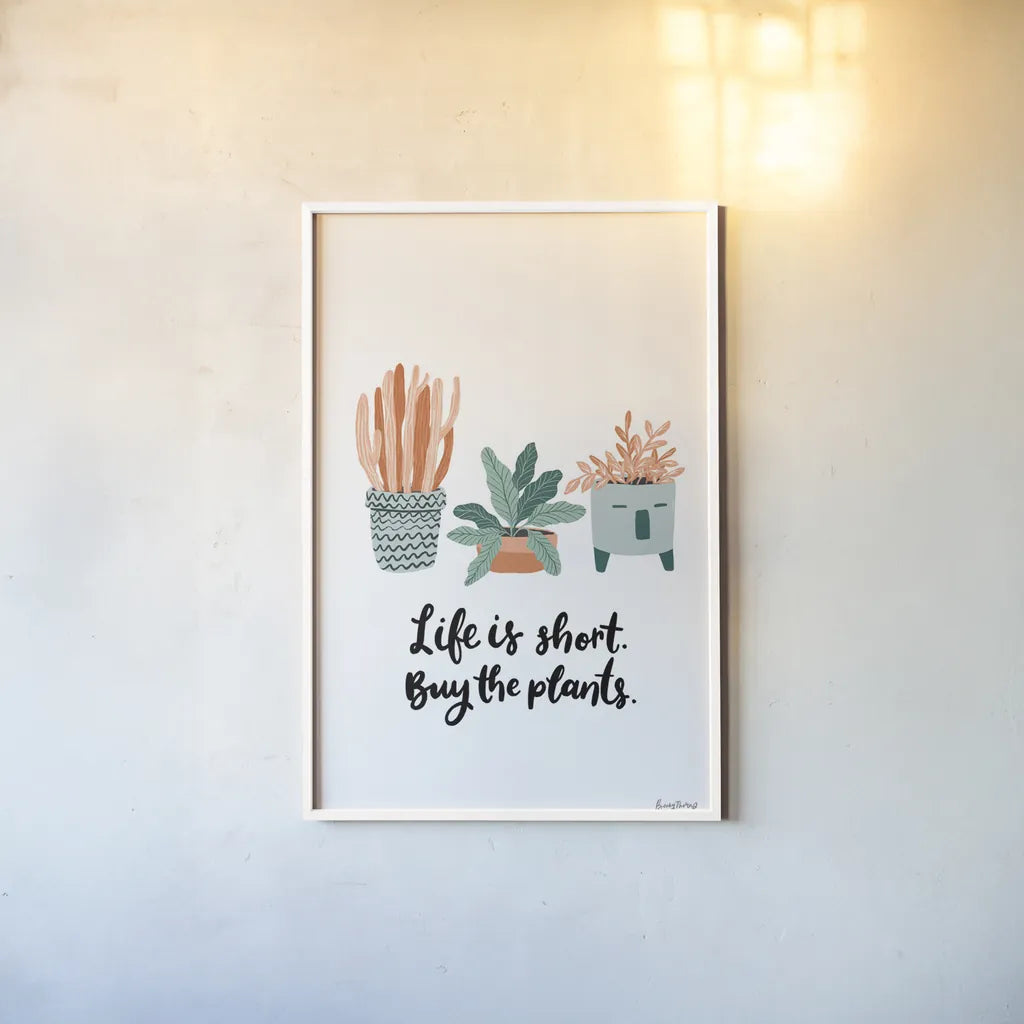 Life is Short by Becky Thorns. shown as a paper print in a white frame. Available as a archival giclee rolled canvas, fine art paper, or poster print. SKU 65072h.