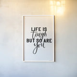 Life is Tough BW by Becky Thorns. shown as a paper print in a white frame. Available as a archival giclee rolled canvas, fine art paper, or poster print. SKU 64207h.
