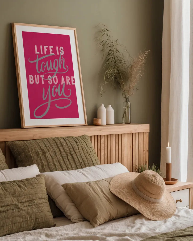 Life is Tough Bright Rose by Becky Thorns. shown as a paper print in a natural frame. Available as a archival giclee rolled canvas, fine art paper, or poster print. SKU 58406h.