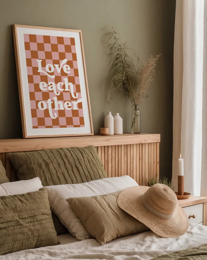 Love Each Other II Checkered by Becky Thorns. shown as a paper print in a natural frame. Available as a archival giclee rolled canvas, fine art paper, or poster print. SKU 87459h.