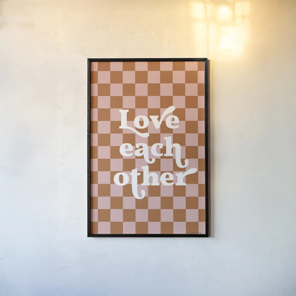 Love Each Other II Checkered by Becky Thorns. shown as a paper print in a black flame. Available as a archival giclee rolled canvas, fine art paper, or poster print. SKU 87459h.