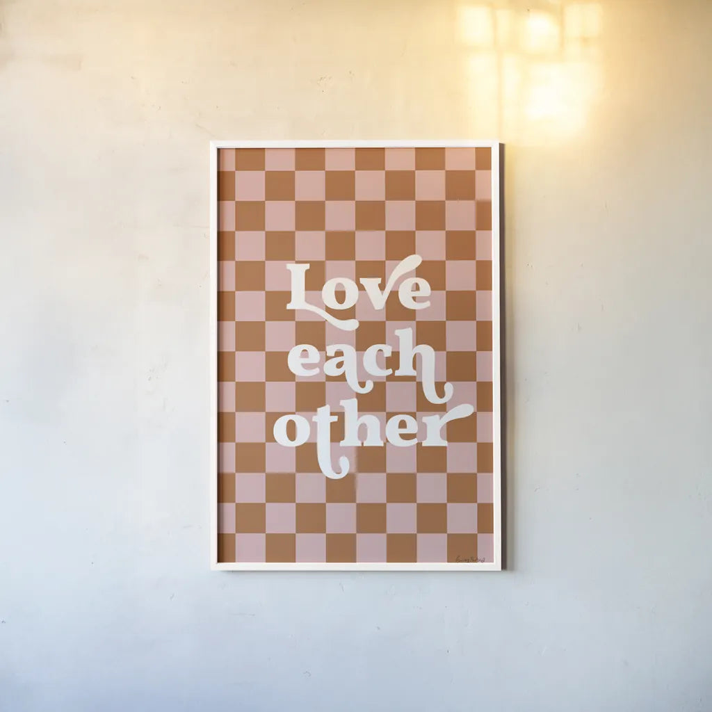 Love Each Other II Checkered by Becky Thorns. shown as a paper print in a white frame. Available as a archival giclee rolled canvas, fine art paper, or poster print. SKU 87459h.