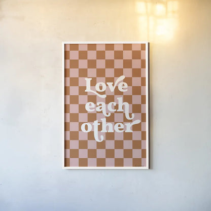 Love Each Other II Checkered by Becky Thorns. shown as a paper print in a white frame. Available as a archival giclee rolled canvas, fine art paper, or poster print. SKU 87459h.