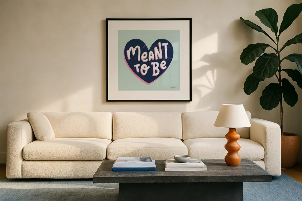 Love Letters II by Becky Thorns. Displayed in a glass frame with matte in a clean modern living room. Available as an archival giclee rolled canvas, fine art paper, or poster print. SKU 68907a.