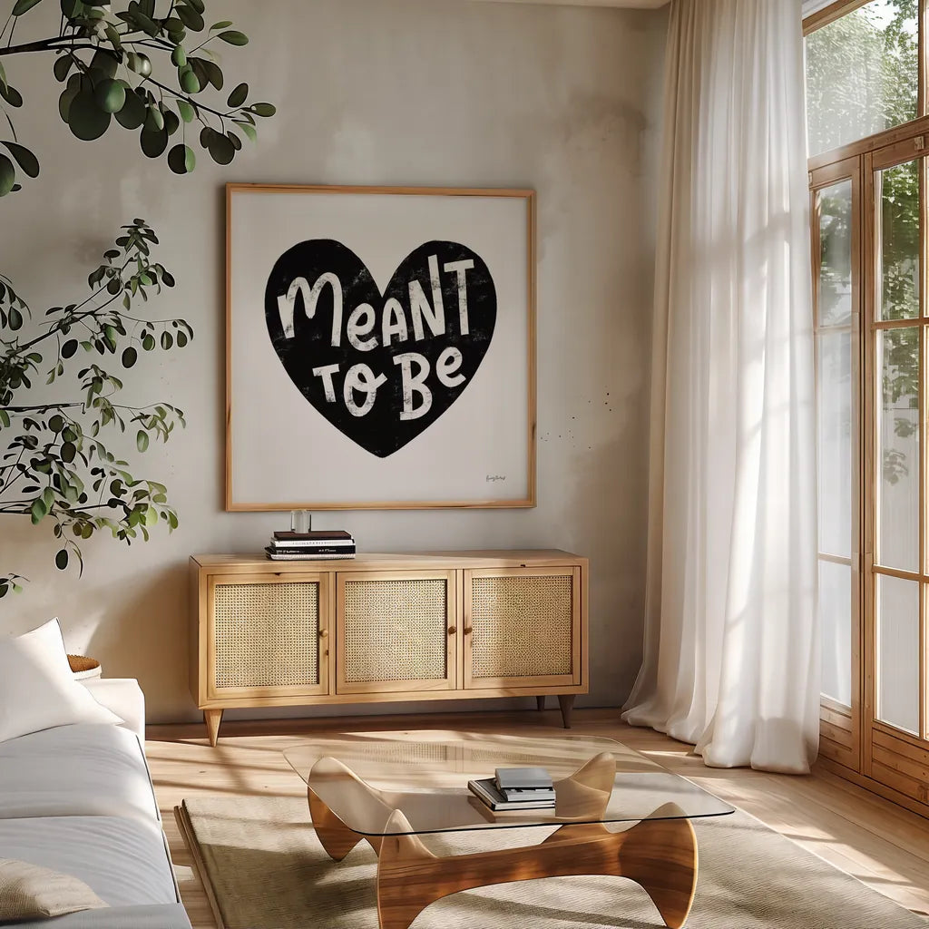 Love Letters II BW by Becky Thorns. Shown in a natural wood frame in a cozy modern living room. Available as an archival giclee rolled canvas, fine art paper, or poster print. SKU 70451a.