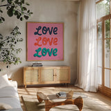 Love Letters III by Becky Thorns. Shown in a natural wood frame in a cozy modern living room. Available as an archival giclee rolled canvas, fine art paper, or poster print. SKU 68908a.