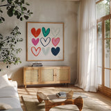 Love Letters VI by Becky Thorns. Shown in a natural wood frame in a cozy modern living room. Available as an archival giclee rolled canvas, fine art paper, or poster print. SKU 68911a.