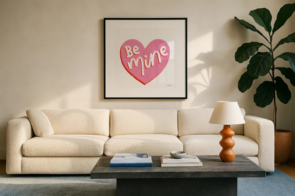 Love Letters VII by Becky Thorns. Displayed in a glass frame with matte in a clean modern living room. Available as an archival giclee rolled canvas, fine art paper, or poster print. SKU 68912a.