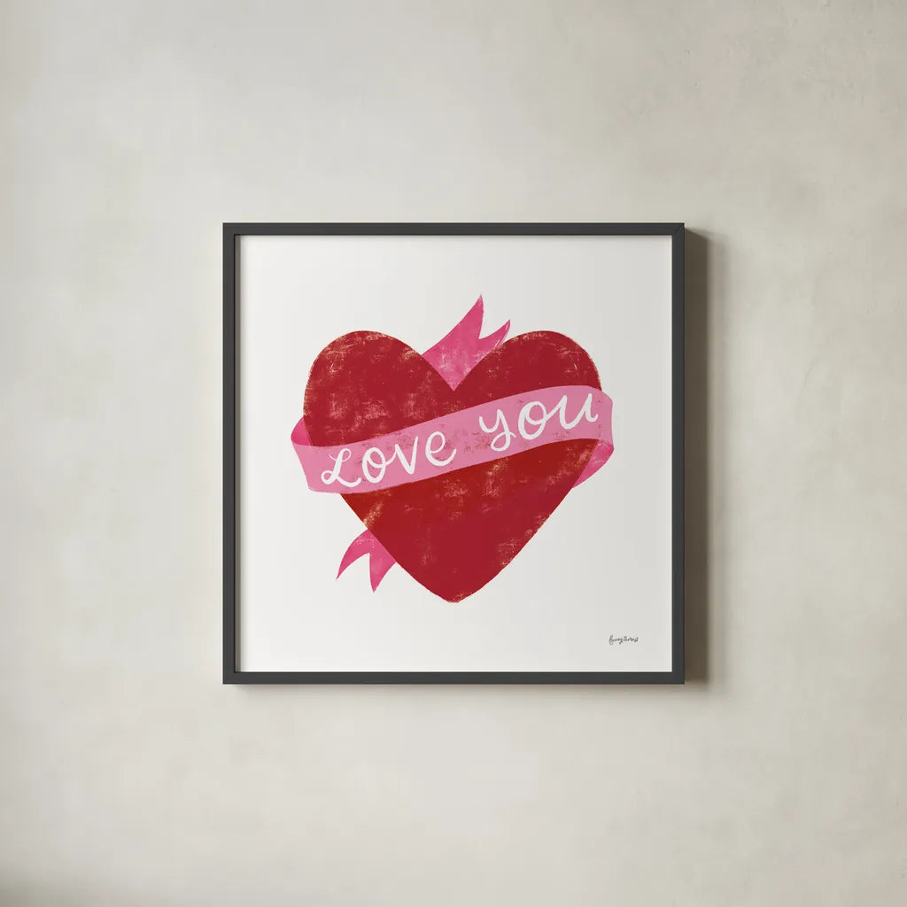 Love Letters VIII Deep Red by Becky Thorns. Shown in a sleek black glass frame for a contemporary gallery look. Available as an archival giclee rolled canvas, fine art paper, or poster print. SKU 70517a.