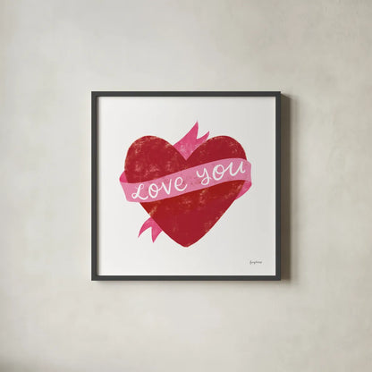 Love Letters VIII Deep Red by Becky Thorns. Shown in a sleek black glass frame for a contemporary gallery look. Available as an archival giclee rolled canvas, fine art paper, or poster print. SKU 70517a.