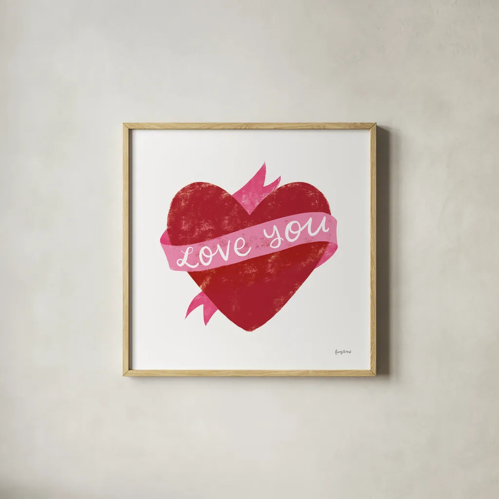 Love Letters VIII Deep Red by Becky Thorns. Shown in a natural wood glass frame for a timeless modern aesthetic. Available as an archival giclee rolled canvas, fine art paper, or poster print. SKU 70517a.