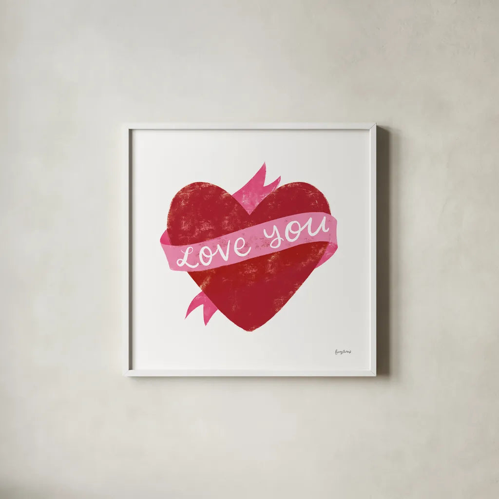 Love Letters VIII Deep Red by Becky Thorns. Shown in a crisp white glass frame for a clean and minimalist style. Available as an archival giclee rolled canvas, fine art paper, or poster print. SKU 70517a.