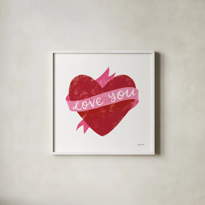Love Letters VIII Deep Red by Becky Thorns. Shown in a crisp white glass frame for a clean and minimalist style. Available as an archival giclee rolled canvas, fine art paper, or poster print. SKU 70517a.