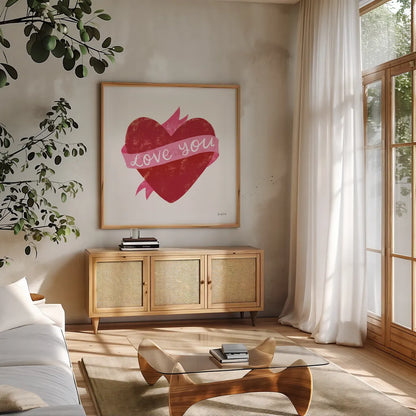 Love Letters VIII Deep Red by Becky Thorns. Shown in a natural wood frame in a cozy modern living room. Available as an archival giclee rolled canvas, fine art paper, or poster print. SKU 70517a.