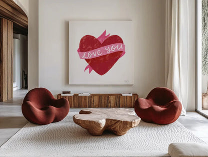 Love Letters VIII Deep Red by Becky Thorns. Shown as extra-large giant wall art in a modern living room. Available as an archival giclee rolled canvas, fine art paper, or poster print. SKU 70517a.