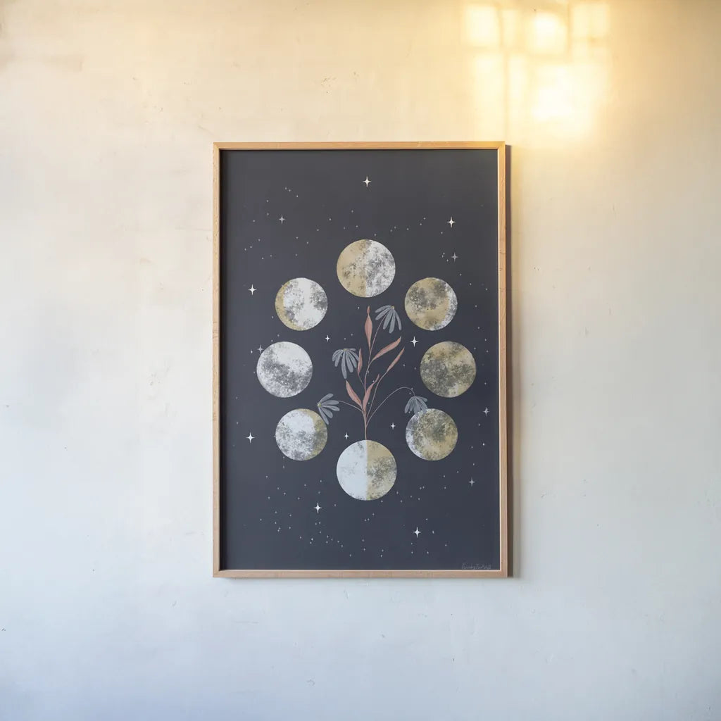 Luna I by Becky Thorns. shown as a paper print in a natural frame. Available as a archival giclee rolled canvas, fine art paper, or poster print. SKU 67766h.