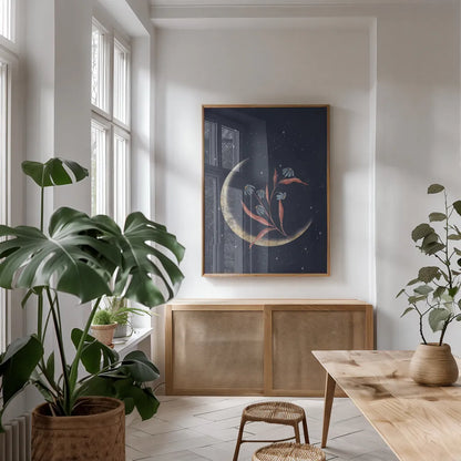 Luna II by Becky Thorns. shown as a print in a natural wood frame in a dining room. Available as a archival giclee rolled canvas, fine art paper, or poster print. SKU 67767h.