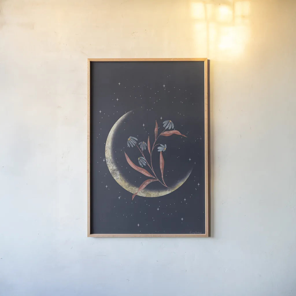 Luna II by Becky Thorns. shown as a paper print in a natural frame. Available as a archival giclee rolled canvas, fine art paper, or poster print. SKU 67767h.