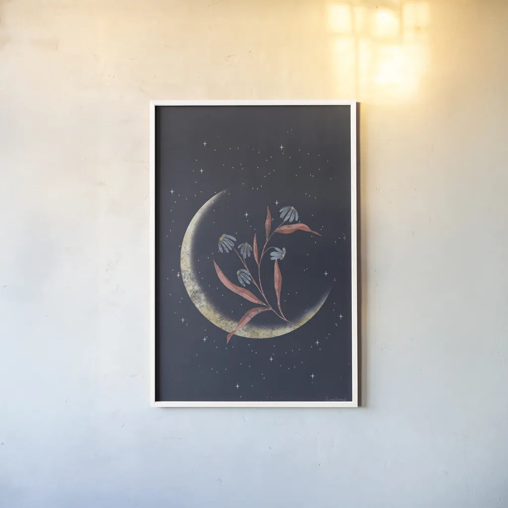 Luna II by Becky Thorns. shown as a paper print in a white frame. Available as a archival giclee rolled canvas, fine art paper, or poster print. SKU 67767h.