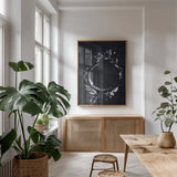 Lunar I by Becky Thorns. shown as a print in a natural wood frame in a dining room. Available as a archival giclee rolled canvas, fine art paper, or poster print. SKU 67814h.