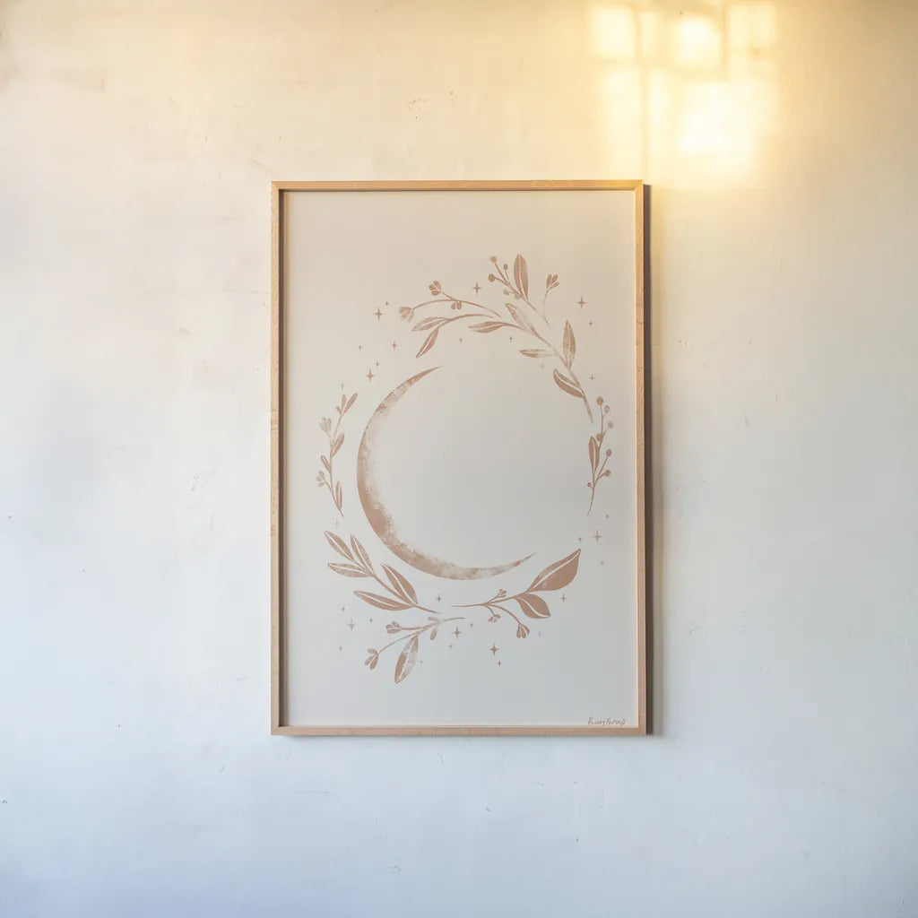 Lunar I Neutral by Becky Thorns. shown as a paper print in a natural frame. Available as a archival giclee rolled canvas, fine art paper, or poster print. SKU 75900h.