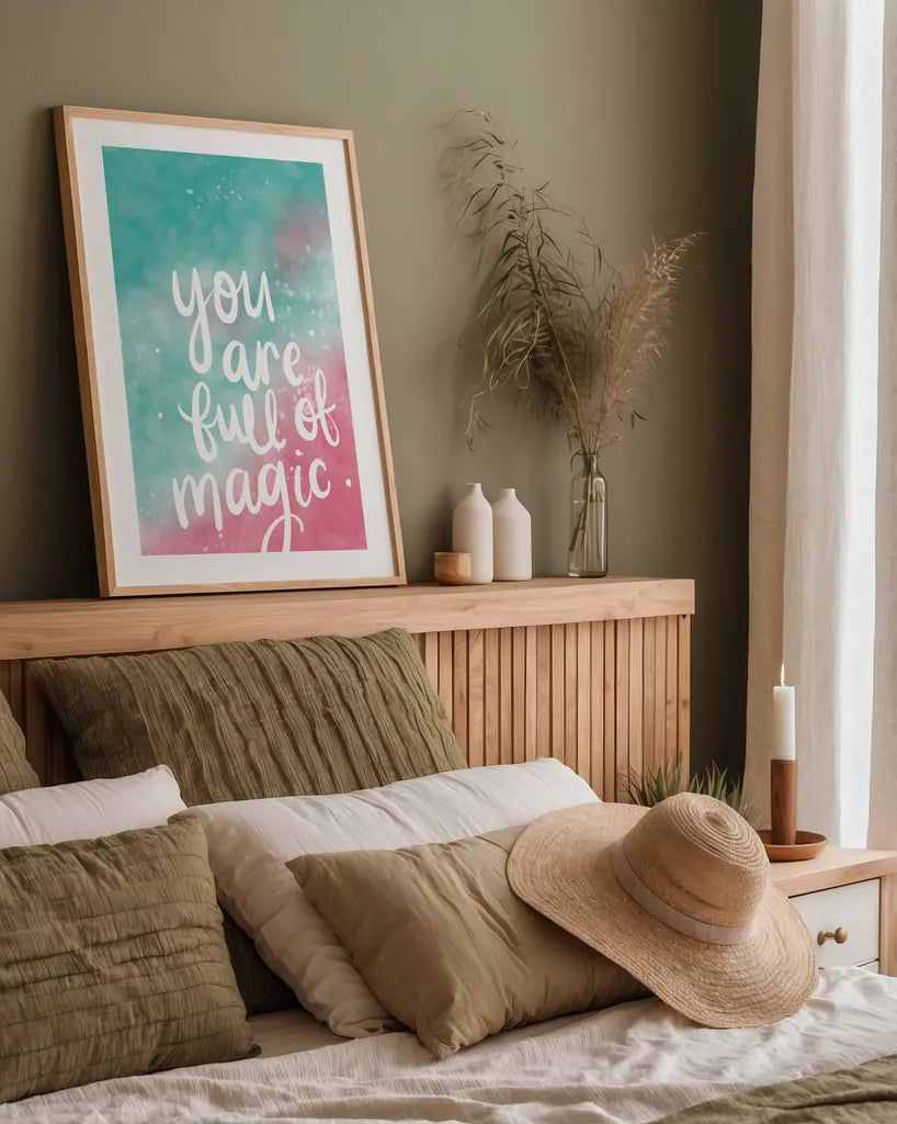 Magical Girl II by Becky Thorns. shown as a paper print in a natural frame. Available as a archival giclee rolled canvas, fine art paper, or poster print. SKU 66455h.