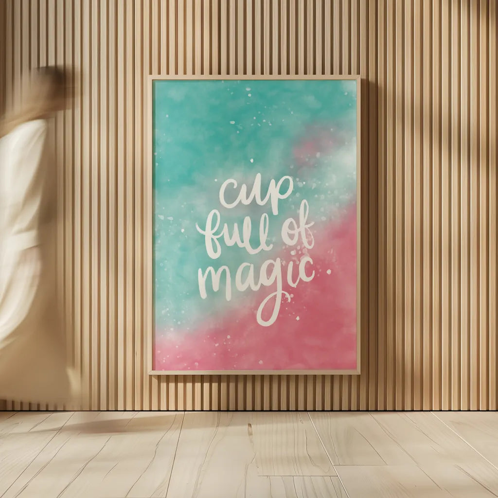 Magical Girl II Cup Full of Magic by Becky Thorns. shown as over sized large wall art. Available as an archival giclee rolled canvas, fine art paper, or poster print. SKU 67758h.