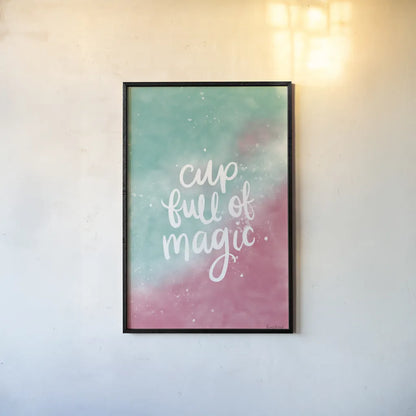 Magical Girl II Cup Full of Magic by Becky Thorns. shown as a paper print in a black flame. Available as a archival giclee rolled canvas, fine art paper, or poster print. SKU 67758h.