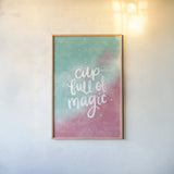 Magical Girl II Cup Full of Magic by Becky Thorns. shown as a paper print in a natural frame. Available as a archival giclee rolled canvas, fine art paper, or poster print. SKU 67758h.