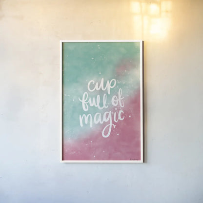 Magical Girl II Cup Full of Magic by Becky Thorns. shown as a paper print in a white frame. Available as a archival giclee rolled canvas, fine art paper, or poster print. SKU 67758h.