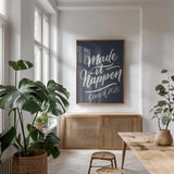 Make It Happen v2 by Becky Thorns. shown as a print in a natural wood frame in a dining room. Available as a archival giclee rolled canvas, fine art paper, or poster print. SKU 58757h.