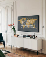 Mapped Out I by Becky Thorns. shown as a framed stretched canvas in a living room above a console. Available as a archival giclee rolled canvas, fine art paper, or poster print. SKU 68325i.