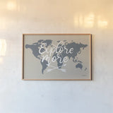 Mapped Out II by Becky Thorns. shown as a paper print in a natural frame. Available as a archival giclee rolled canvas, fine art paper, or poster print. SKU 68326i.