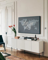 Mapped Out III by Becky Thorns. shown as a framed stretched canvas in a living room above a console. Available as a archival giclee rolled canvas, fine art paper, or poster print. SKU 68327i.